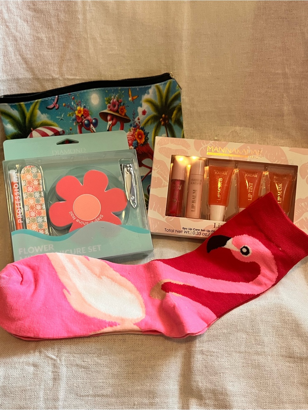 Manna Kadar Assorted Pink & Coral Lip Set with Flamingo Sock Bundle